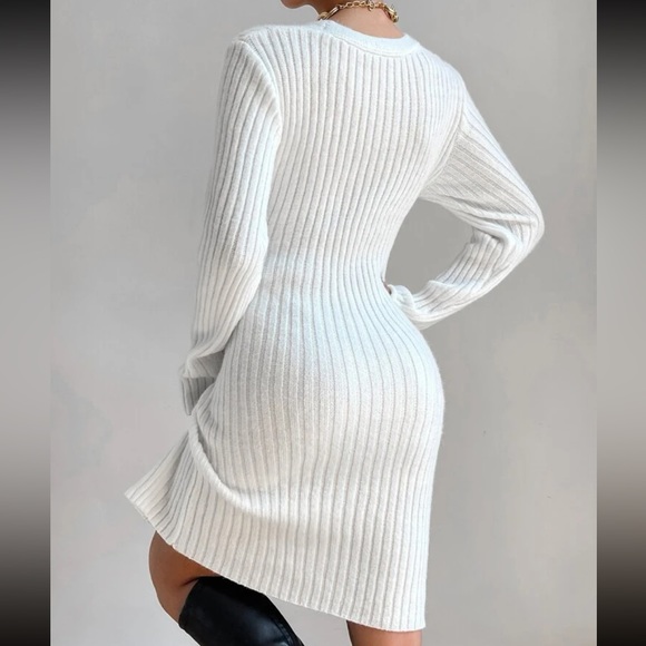 Classic Ribbed Knit Crossover Sweater Dress White - Picture 2 of 6